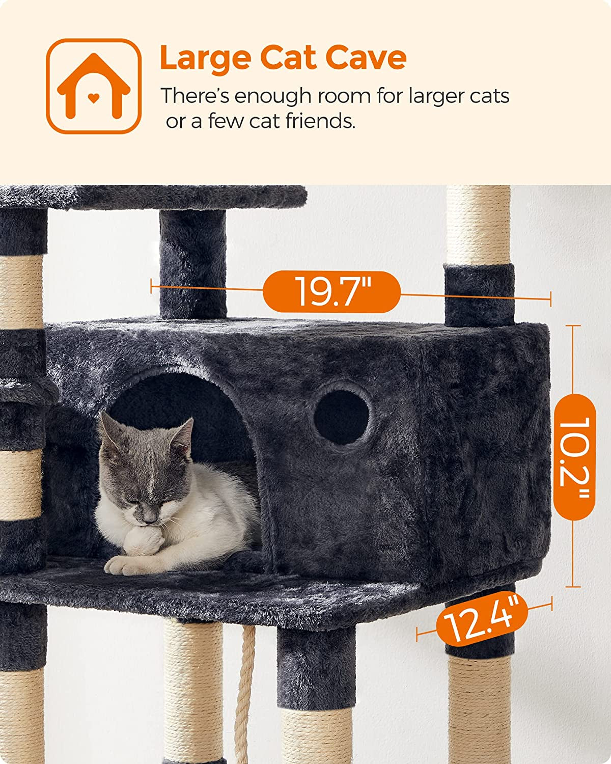 Cat Tree, Large Cat Tower, 64.6 Inches, Cat Activity Center with Hammock, Basket, Removable Fur Ball Sticks, Cat Condo, Smoky Gray UPCT087G01
