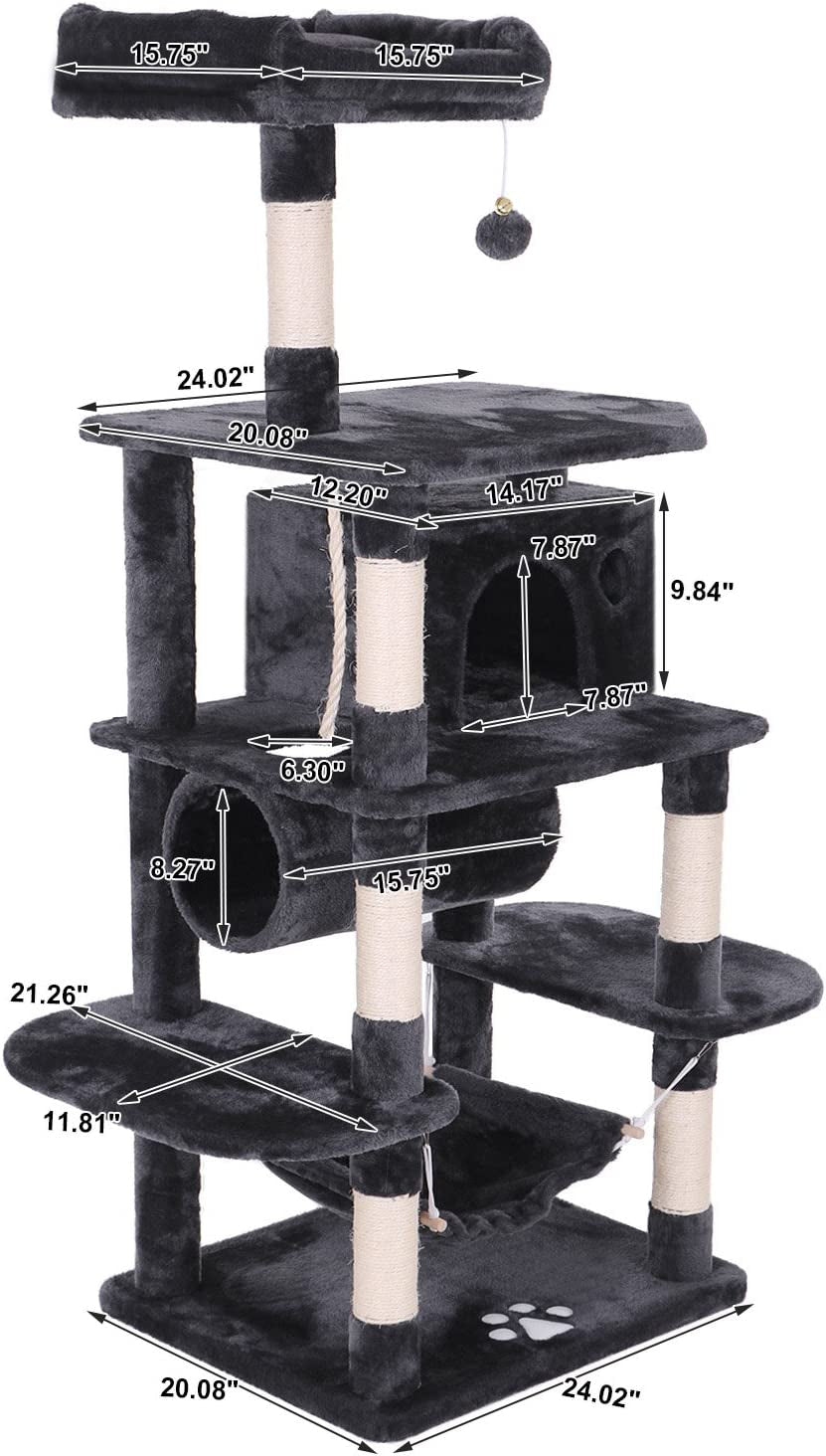 Cat Tree Condo Furniture Kitten Activity Tower Pet Kitty Play House Playground with Sisal Scratching Posts Perch Hammock Tunnel Grey MMJ02H