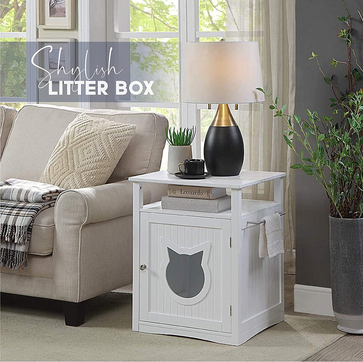 Nightstand Pet House, Litter Box Furniture Indoor Pet Crate, Litter Box Enclosure, Cat Washroom (White)