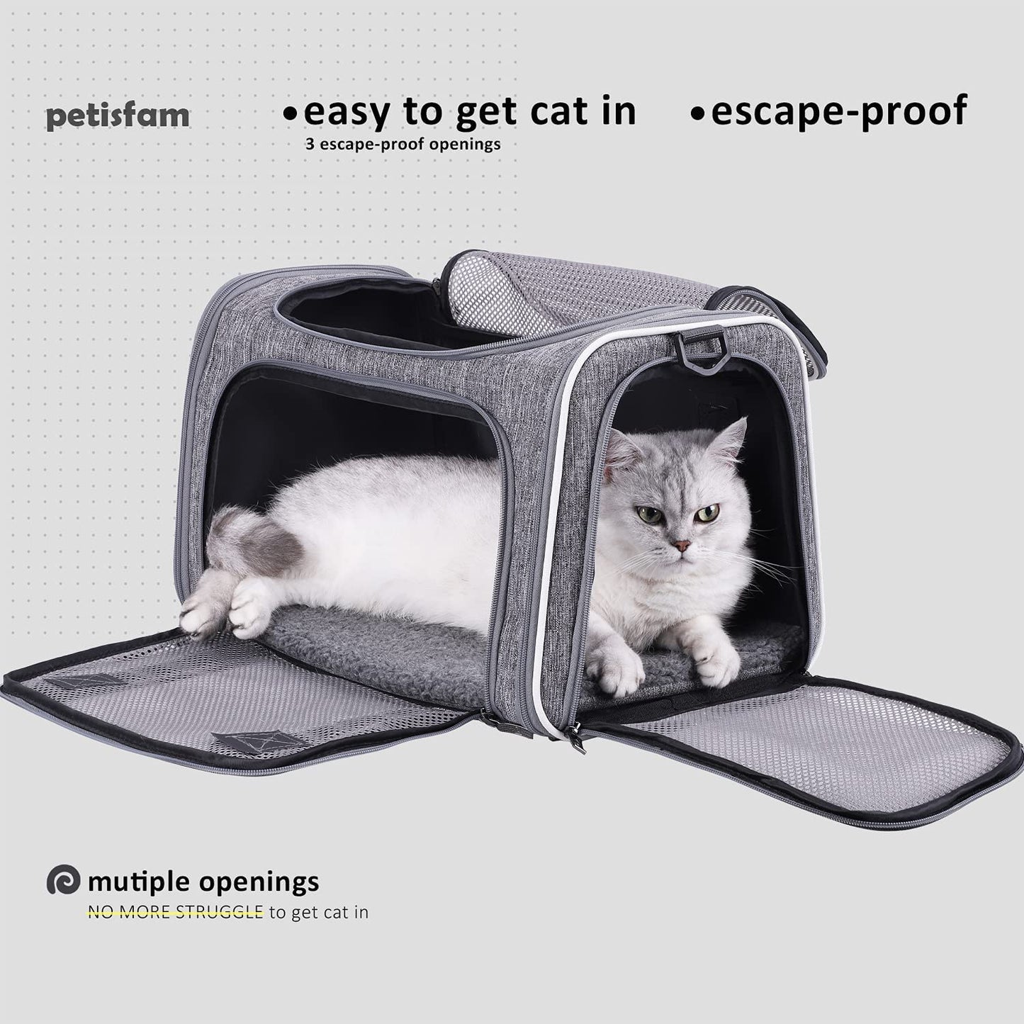 Top Load Cat Carrier Bag for Medium Cats and Small Dogs. Airline Approved, Collapsible, Escape Proof and Auto-Safe. Easy to Get Cat in and Make Vet Visit Less Stressful
