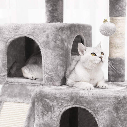 Cat Tree Condo with Sisal Scratching Posts, Scratching Board, Plush Perch and Dual Houses, Cat Tower Furniture Kitty Activity Center Kitten Play House, Light Grey MMJ10G