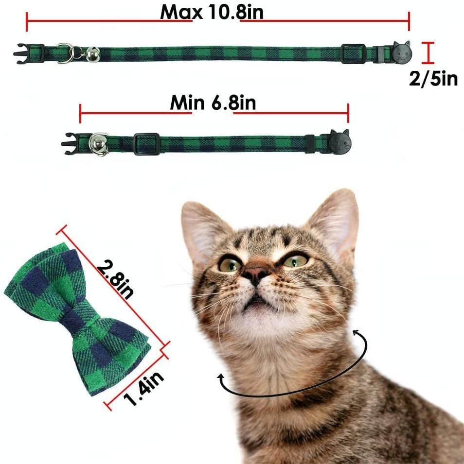 Cat Collar Breakaway with Bell and Bow Tie, Plaid Design Adjustable Safety Kitty Kitten Collars(6.8-10.8In) (Green Plaid)