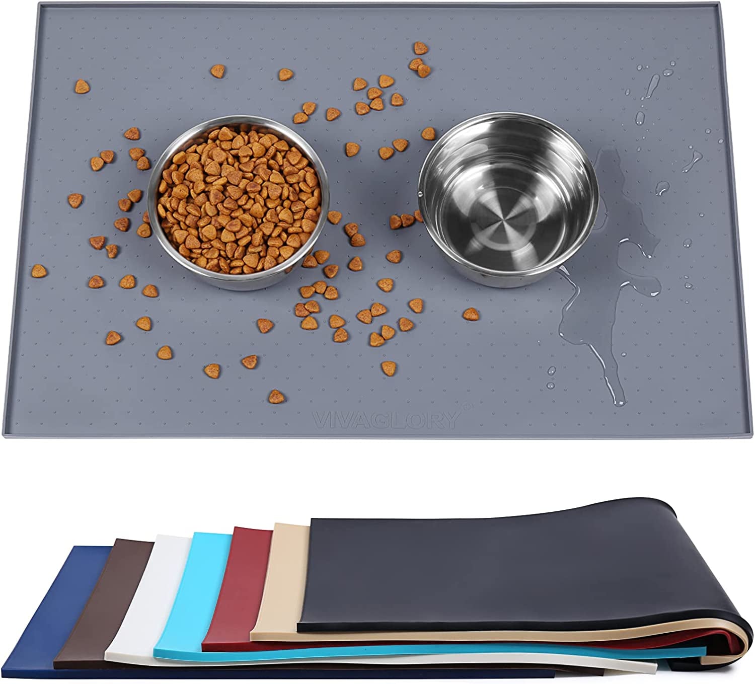 24" L X 16" W Dog Feeding Mat, Waterproof Non-Slip Pet Silicone Food Mat Cat Dog Stainless Steel Water Bowl Placemat Anti-Messy Design, Grey