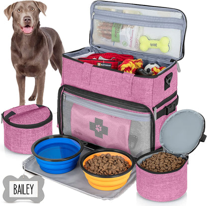Dog Travel Bag Airline Approved for Dog and Cat Tote Organizer with Multi Function Pockets, 2 Food Containers and Collapsible Bowls, Weekend Away Dog Bag for Travel Accessories (Pink)