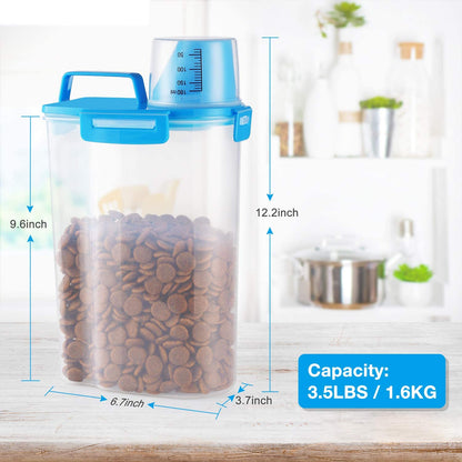 Pet Food Storage Container, Airtight Small Dog Food Container Cat Food Container with Measuring Cup, Upgraded Large Pour Spout and 4 Seal Buckles Food Dispenser for Pets Food and Birds Seed