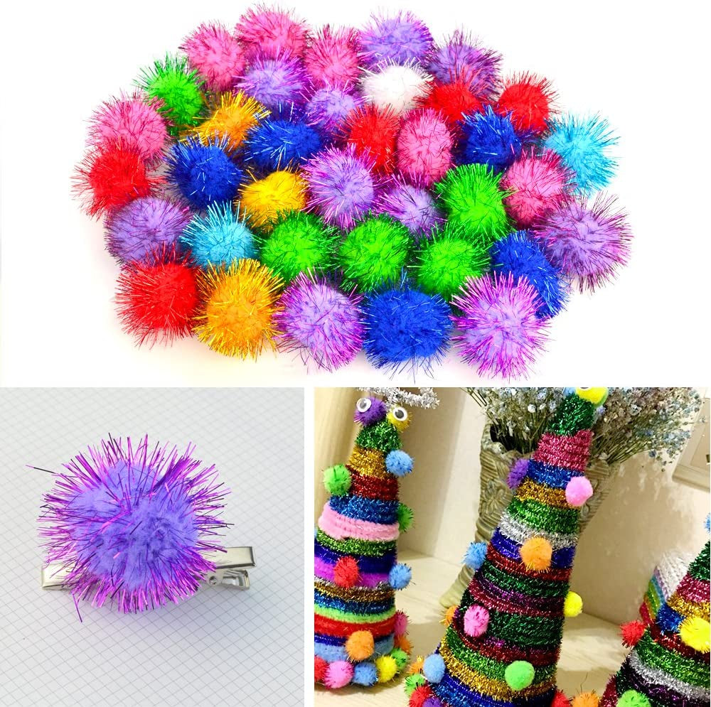 70 PCS Assorted Color Sparkle Balls, Tinsel Pom Poms Glitter for Cat Kittens