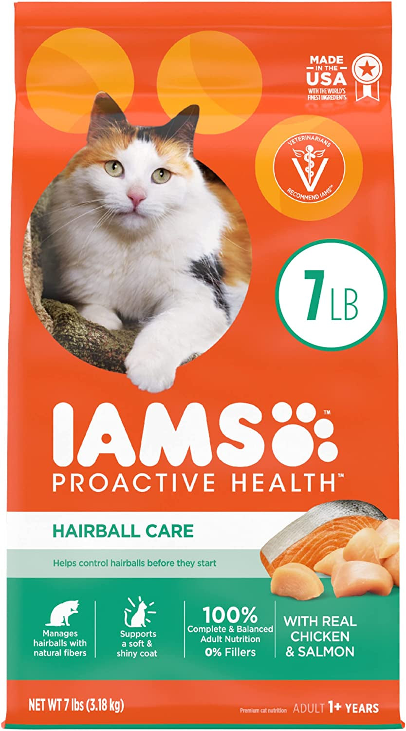 IAMS PROACTIVE HEALTH Adult Hairball Care Dry Cat Food with Chicken and Salmon Cat Kibble, 7 Lb. Bag