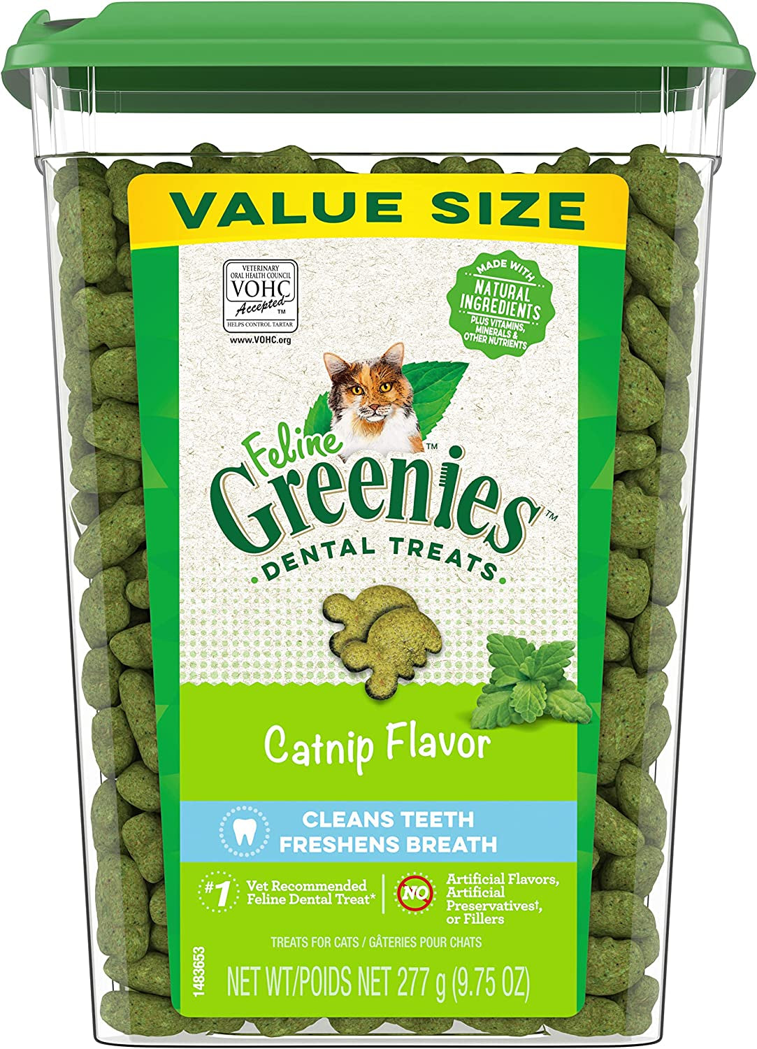 FELINE GREENIES Adult Dental Cat Treats, Catnip Flavor, 9.75 Oz. Tub
