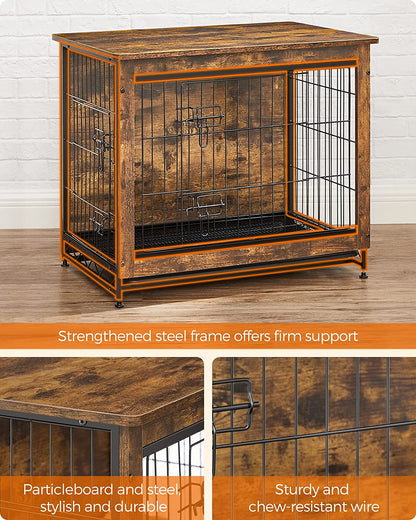 Dog Crate Furniture, Side End Table, Modern Kennel for Dogs Indoor up to 30 Lb, Heavy-Duty Dog Cage with Multi-Purpose Removable Tray, Double-Door Dog House, Rustic Brown UPFC001X01