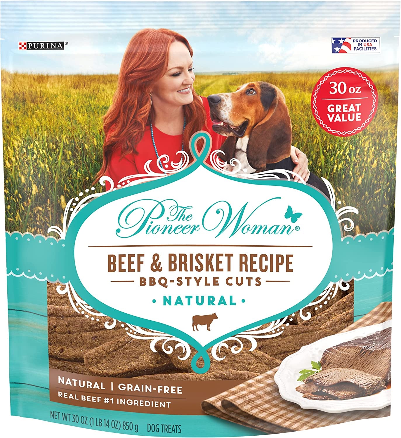 The Pioneer Woman Natural, Grain Free Dog Treats, Beef & Brisket Recipe BBQ Style Cuts - 30 Oz. Pouch
