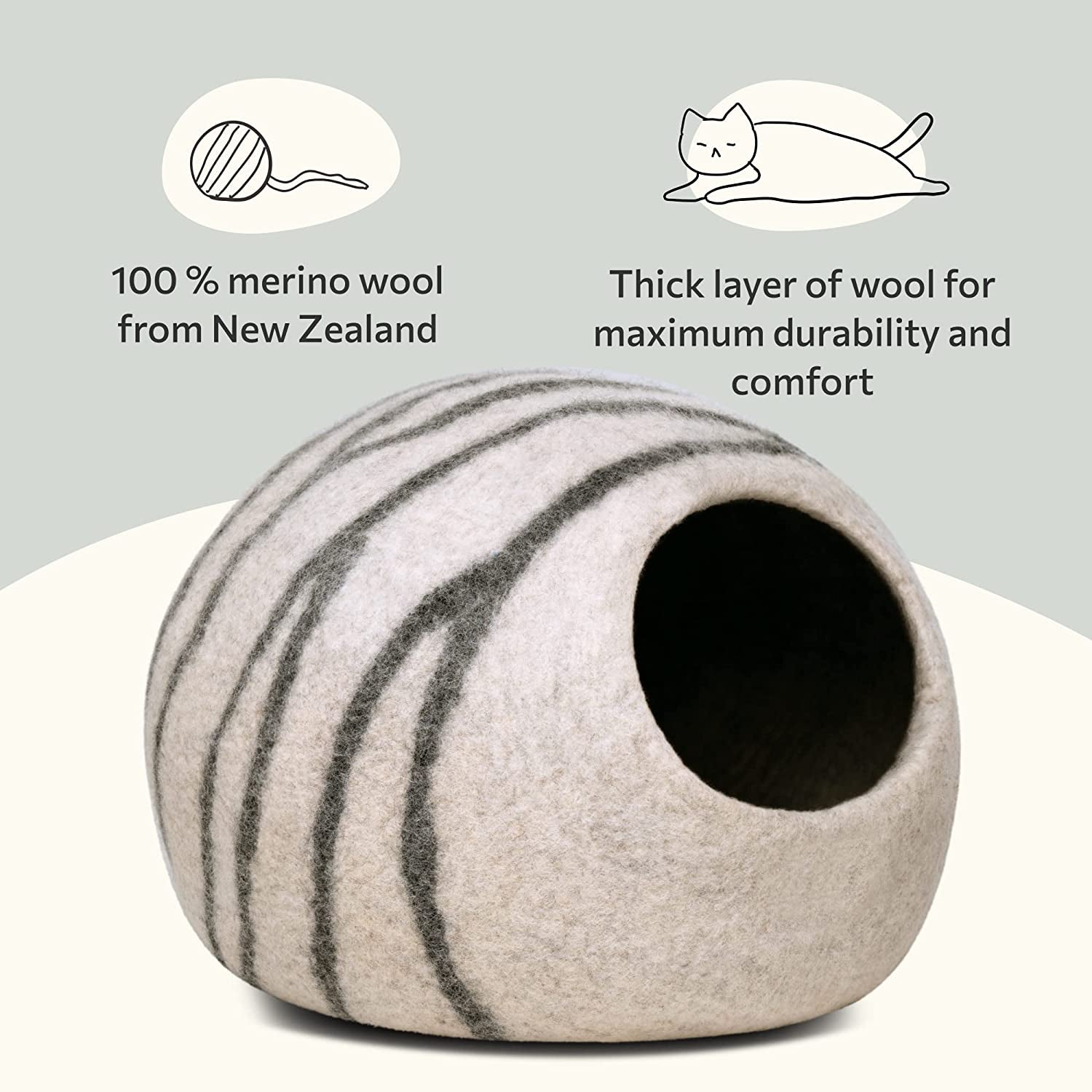Premium Felt Cat Bed Cave - Handmade 100% Merino Wool Bed for Cats and Kittens (Light Shades) (Medium, Light Grey)