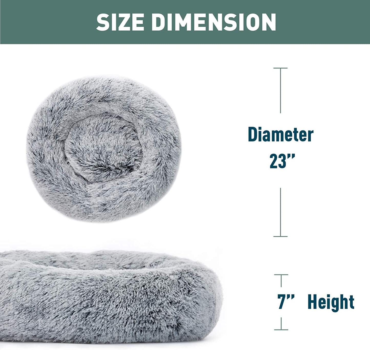 23 Inches Fluffy round Calming Dog Bed Plush Faux Fur, Anxiety Donut Dog Bed for Small Dogs and Cats, Pet Cat Bed with Raised Rim, Machine Washable, Light Grey