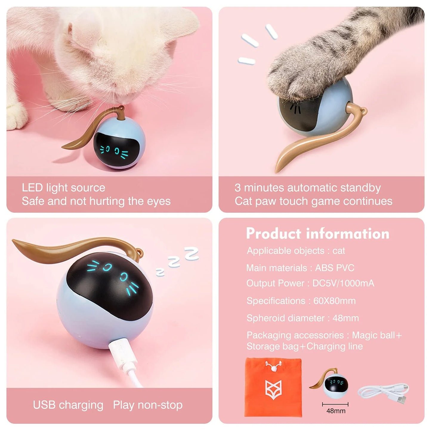 Automatic Cat Ball Toys Interactive Electric USB Rechargeable Self Rotating Indoor Teaser Selfplay Exercise Toys for Pet Kitten