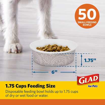 Glad for Pets Disposable Feeding Bowls | Small Dog Bowls in Gray Pattern | 1.75 Cup Feeding Size, 50 Count - Dog Bowls Are Great for Dry and Wet Dog Food or Water (FF12275)
