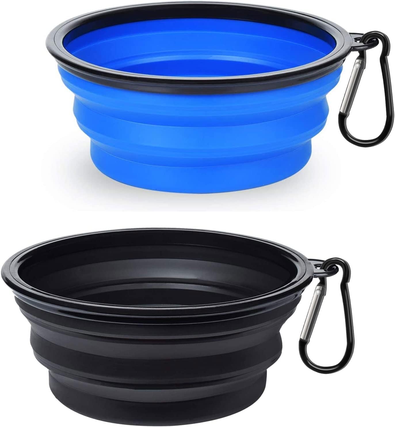 2-Pack Silicone Collapsible Dog Bowls, BPA Free Dishwasher Safe, Portable Foldable Expandable Travel Bowl, Food Water Feeding Cup Dish for Dogs Cats with 2 Carabiners (Blue, Black)