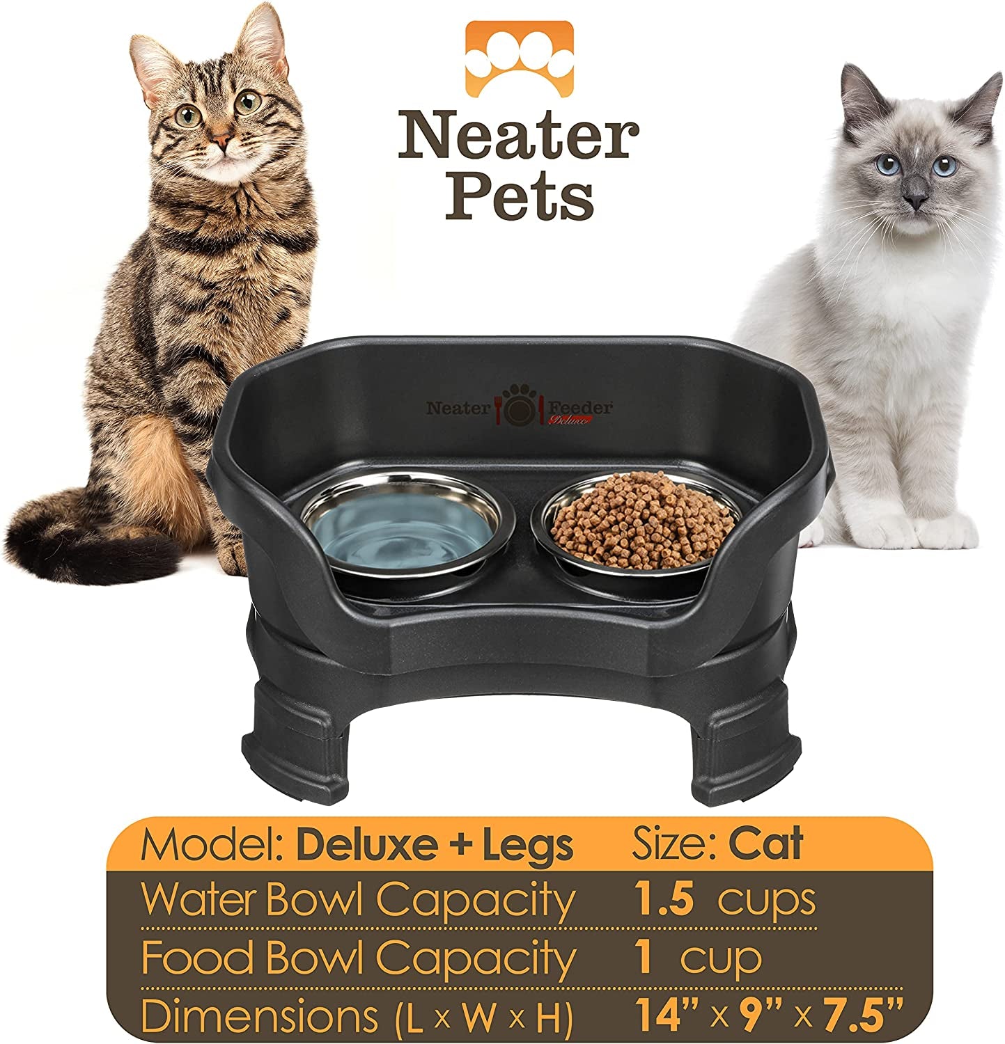 Neater Feeder Deluxe for Cats with Leg Extensions - Elevated Food & Water Bowls - Mess-Free Raised Feeder, Midnight Black