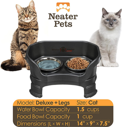 Neater Feeder Deluxe for Cats with Leg Extensions - Elevated Food & Water Bowls - Mess-Free Raised Feeder, Midnight Black