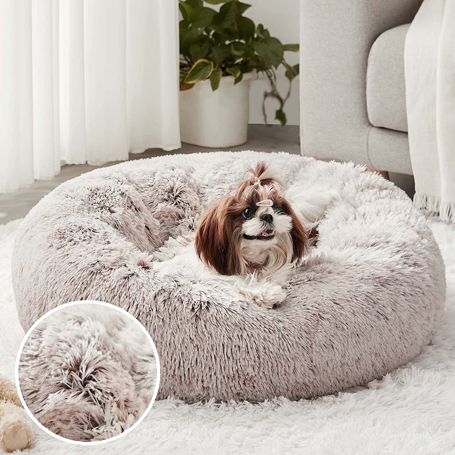 Western Home Faux Fur Dog Bed & Cat Bed, Original Calming Dog Bed for Small Medium Large Pets, anti Anxiety Donut Cuddler round Warm Washable Cat Bed for Indoor Cats(24", Khaki)