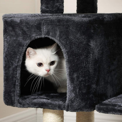 Multi-Level Cat Tree with Cat Cave, Basket Lounger, Padded Perch, Cat Tower, Stable and Safe Plush Cat Condo with Sisal Posts for Kitten, Old Cat, Chubby Cat, Smoky Gray UPCT052G01