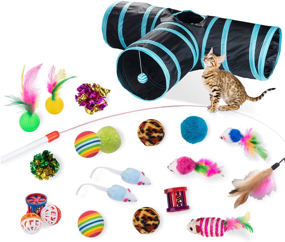 "Ultimate Cat Playtime Bundle: Multi-Way Hole Tunnel, Feather Wand, Chew Sticks, and Crinkle Toys - Perfect for Indoor and Outdoor Fun!"