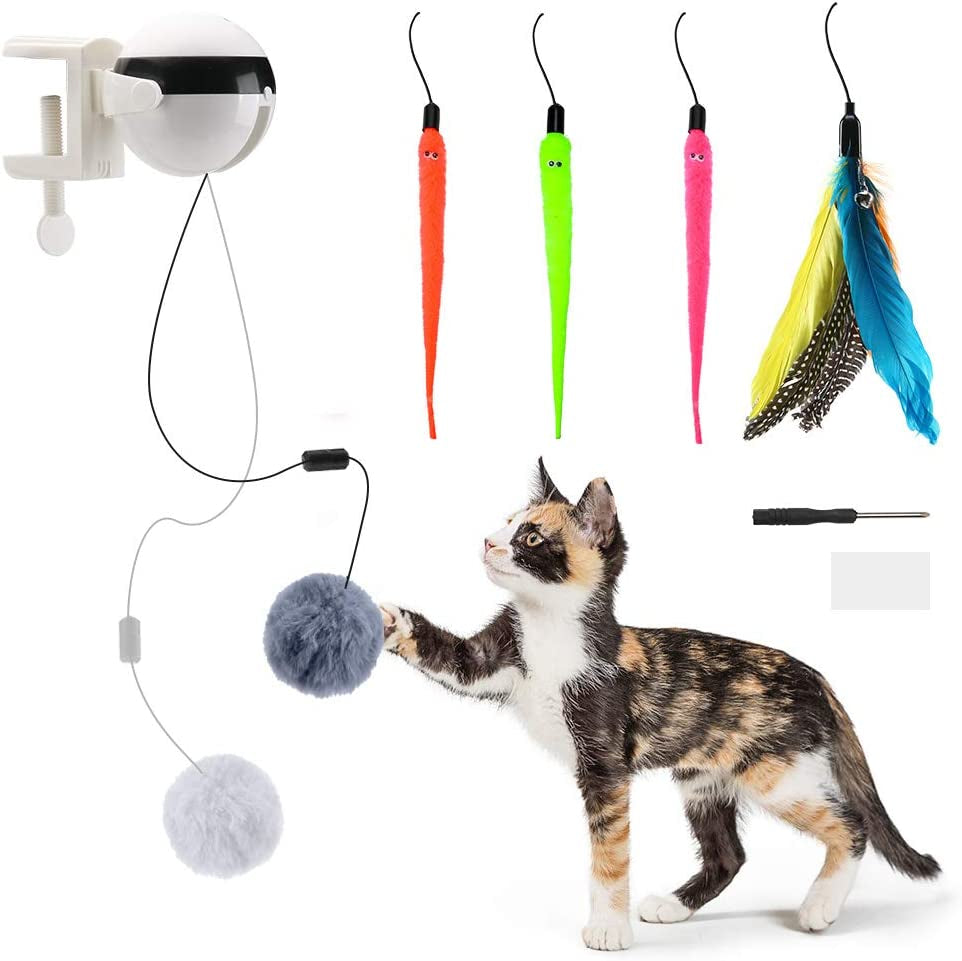 Automatic Interactive Cat Toys - Cat Teaser Ball with 4 Refills - Cat Plush Toy & Feather Toy - up and down for Indoor Cats