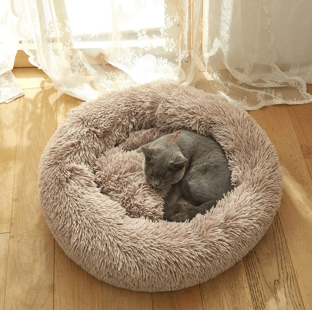 Plush Faux Fur round Pet Dog Bed, Comfortable Fuzzy Donut Cuddler Cushion for Dogs & Cats, Soft Shaggy and Warm for Winter (Brown, 23.6)