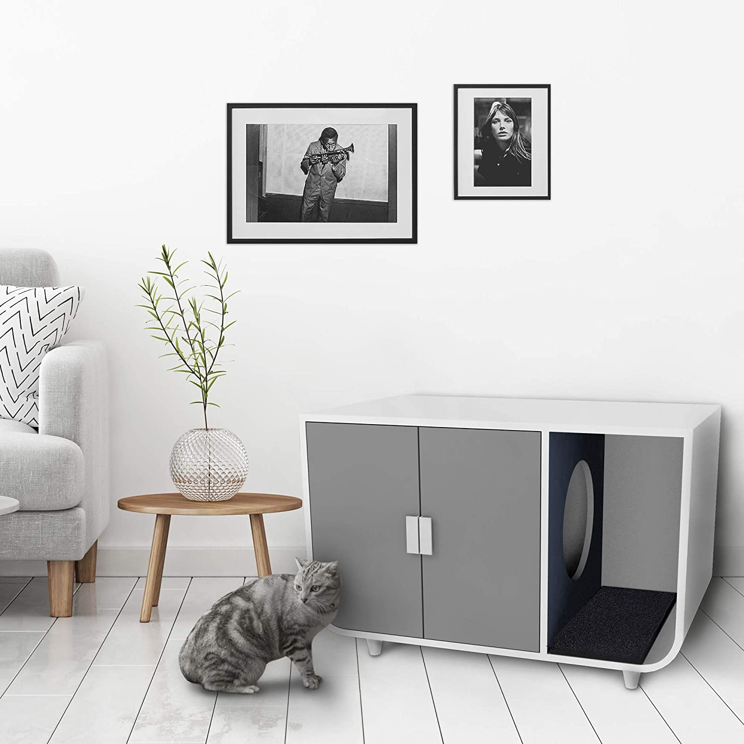 Staart Dyad Cat Litter Box Enclosure and Furniture Hidden Cat Home Side Table Nightstand Indoor Pet Crate Alpine White Large