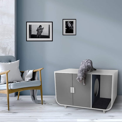 Staart Dyad Cat Litter Box Enclosure and Furniture Hidden Cat Home Side Table Nightstand Indoor Pet Crate Alpine White Large
