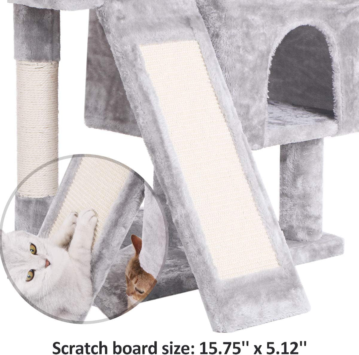 Cat Tree Condo with Sisal Scratching Posts, Scratching Board, Plush Perch and Dual Houses, Cat Tower Furniture Kitty Activity Center Kitten Play House, Light Grey MMJ10G