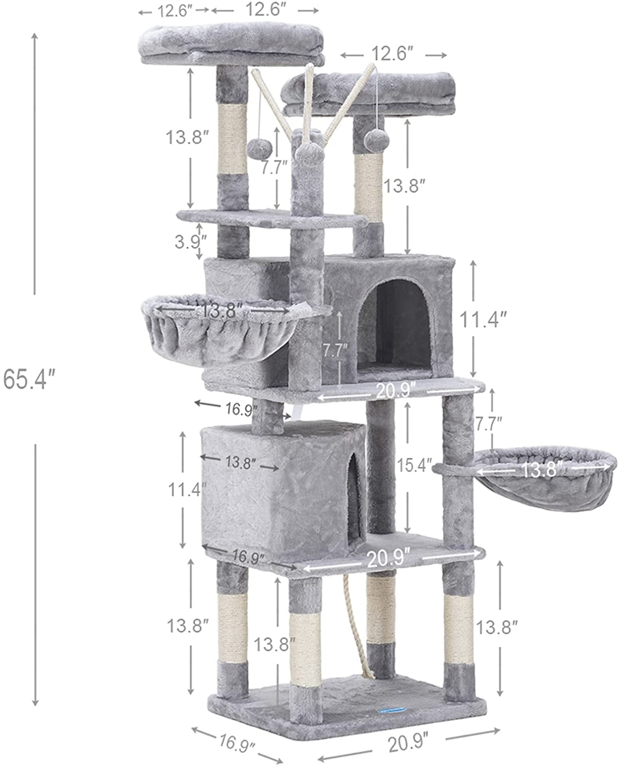 Cat Tree,Cat Tower,Cat Condo with Scratching Posts,Basket,2 Caves,2 Plush Perches,Activity Center with Removable Fur Ball Sticks,Light Grey MPJ027W