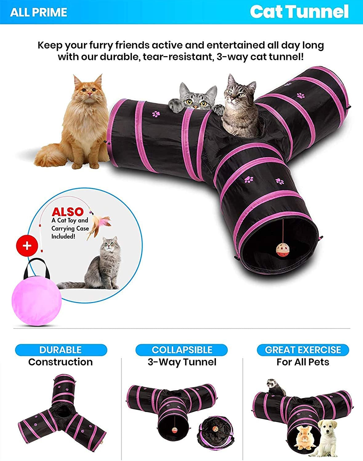 Cat Tunnel - Also Included Is a ($5 Value) Interactive Cat Toy - Toys for Cats - Cat Tunnels for Indoor Cats - Cat Tube - Collapsible 3 Way Pet Tunnel - Great Toy for Cats & Rabb (Pink)