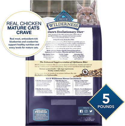 Blue Buffalo Cat Food for Mature Cats, Natural Chicken Recipe, Senior Dry Cat Food, 5 Lb Bag