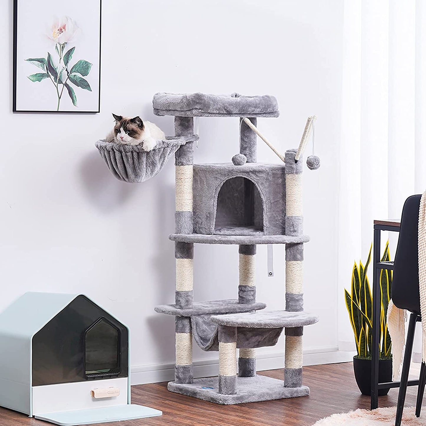 Cat Tree for Indoor Cats, 50 Inch Cat Tower with Scratch Posts, Sturdy Cat House with Large Cat Condo, Cat Perch, Cat Hammock and Interactive Cat Toy Light Gray MPJ016W