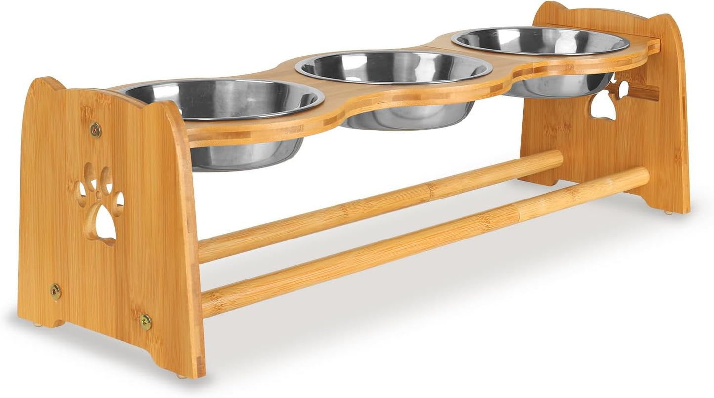 Elevated Dog Bowls for Cats and Dogs, Adjustable Bamboo Raised Bowls for Medium Dog, Food and Water Bowls Set Stand Feeder with 2 Stainless Steel Bowls anti Slip Feet (Height 4.7" to 7")
