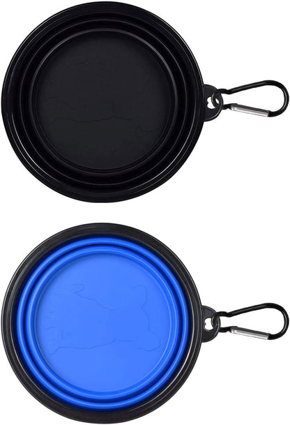 2-Pack Silicone Collapsible Dog Bowls, BPA Free Dishwasher Safe, Portable Foldable Expandable Travel Bowl, Food Water Feeding Cup Dish for Dogs Cats with 2 Carabiners (Blue, Black)