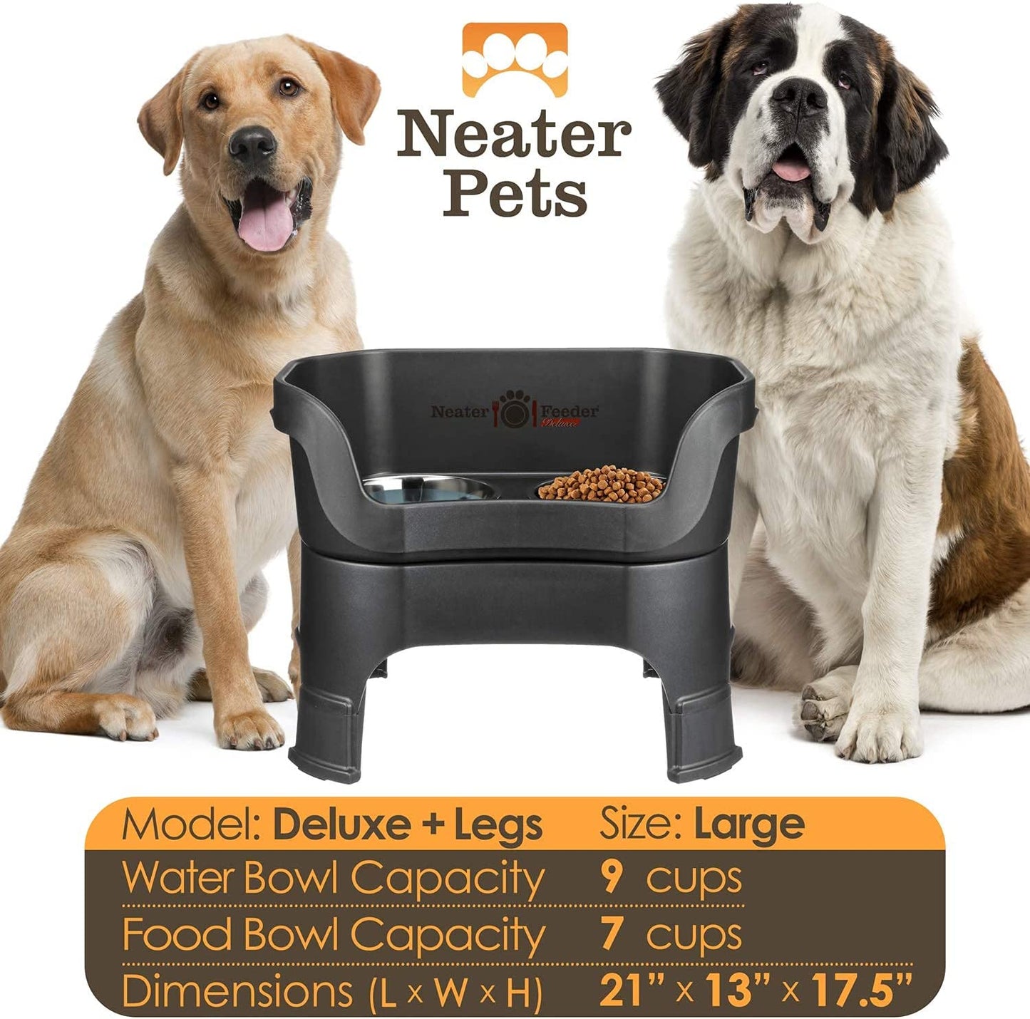 Neater Feeder Deluxe with Leg Extensions for Large Dogs - Mess Proof Pet Feeder with Stainless Steel Food & Water Bowls - Drip Proof, Non-Tip, and Non-Slip - Midnight Black