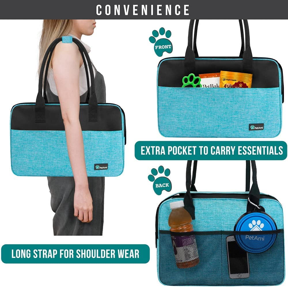 Dog Purse Carrier for Small Dogs, Airline Approved Soft Sided Pet Carrier with Pockets, Ventilated Dog Carrying Bag Puppy Cat, Dog Travel Supplies Accessories Carry Tote, Sherpa Bed, Teal Blue