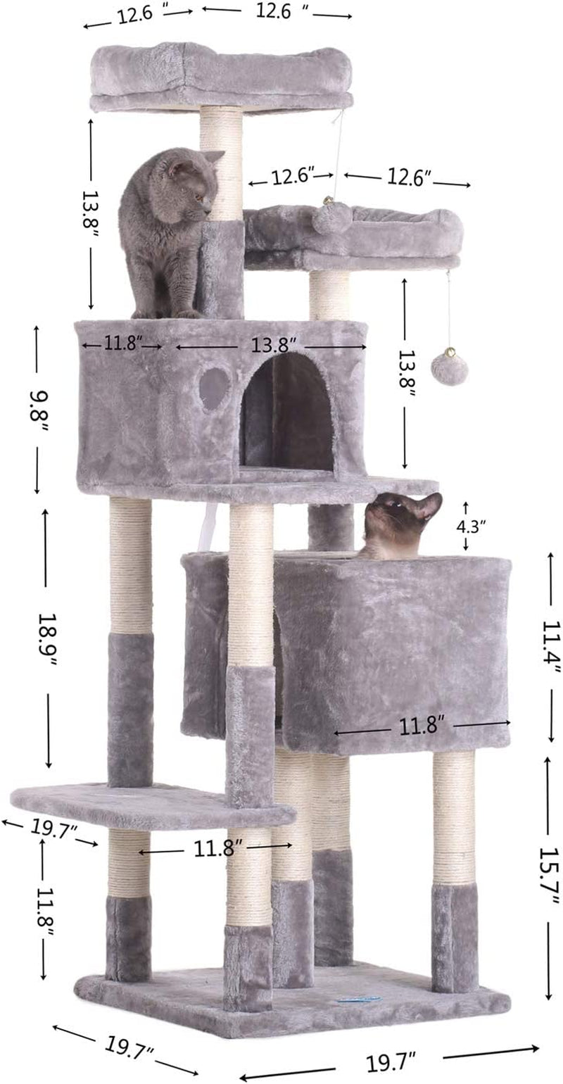 Hey-Bro 60 Inches Large Multi-Level Cat Tree Condo Furniture with Sisal-Covered Scratching Posts, 2 Plush Condos, 2 Plush Perches, for Kittens, Cats and Pets, Light Gray MPJ012W