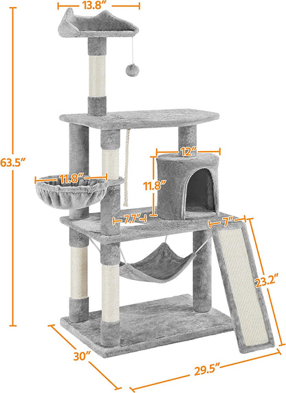 63.5In Multi-Level Cat Tree Tower Condo with Scratching Posts, Platform & Hammock, Cat Activity Center Play Furniture for Kittens, Cats, and Pets