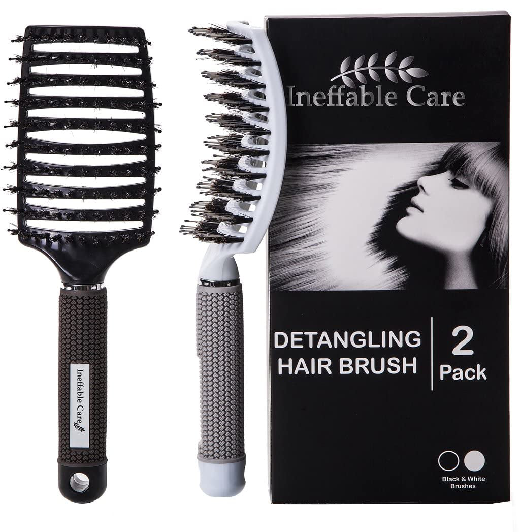 Boar Bristle Hair Brush Set – Curved and Vented for Wet and Dry Detangling Hair Brush for Women Long, Thick, Thin, Curly & Tangled Hair Vent Brush - Stocking Stuffers Gift Kit
