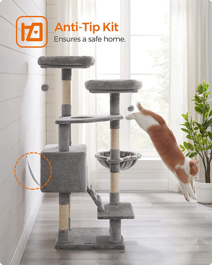 Cat Tree, Cat Tower for Indoor Cats, 55.9-Inch Cat Condo with Scratching Posts, 2 Plush Perches, Basket, Large Cat Cave, Ramp, Cat Activity Center, Light Gray UPCT160W01