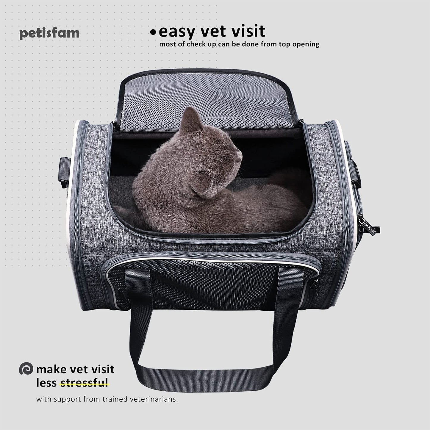 Top Load Cat Carrier Bag for Medium Cats and Small Dogs. Airline Approved, Collapsible, Escape Proof and Auto-Safe. Easy to Get Cat in and Make Vet Visit Less Stressful