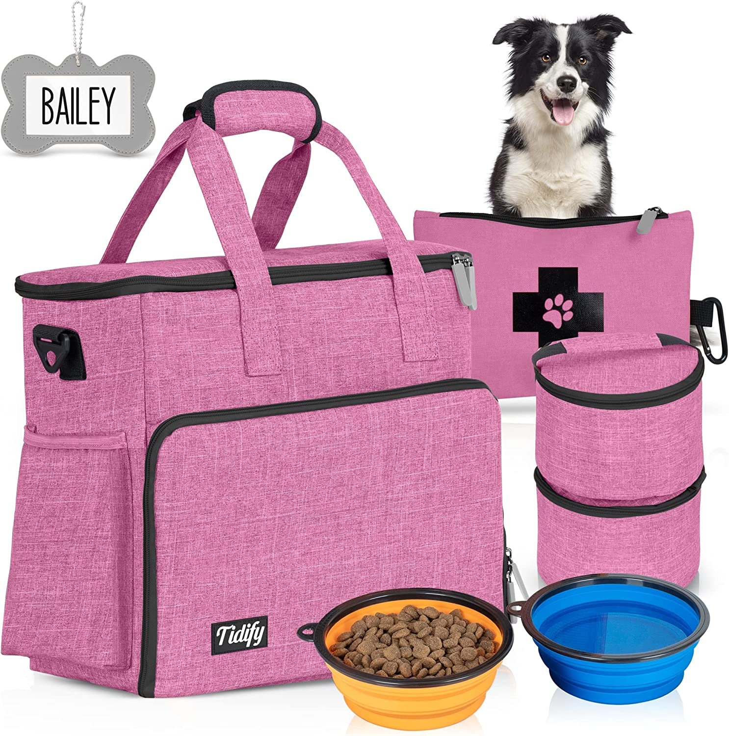 Dog Travel Bag Airline Approved for Dog and Cat Tote Organizer with Multi Function Pockets, 2 Food Containers and Collapsible Bowls, Weekend Away Dog Bag for Travel Accessories (Pink)