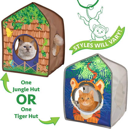 Kitty City Pop-Up Safari Hut Play House, Cat Cube, Play Kennel, Cat Bed, Jungle Cat House