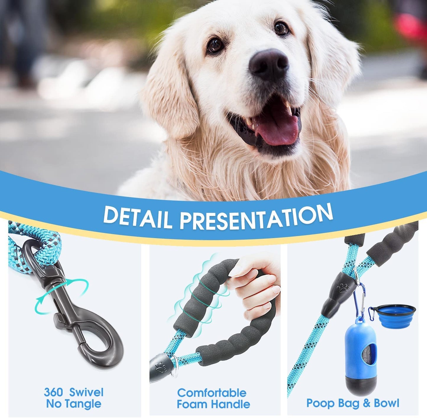 BAAPET 2 Packs 5/6 FT Dog Leash with Comfortable Padded Handle and Highly Reflective Threads Dog Leashes for Small Medium and Large Dogs (5FT-1/2'', Black+Blue)