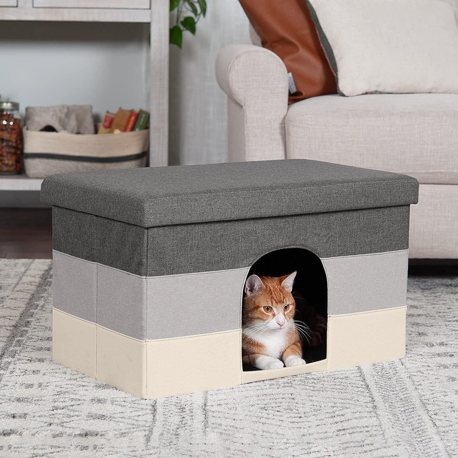 Furhaven Pet House for Indoor Cats & Medium/Small Dogs, Collapsible & Foldable W/ Plush Ball Toy - Living Room Ottoman Cat Condo - Hygge Stripe (Gray/Cream), Large
