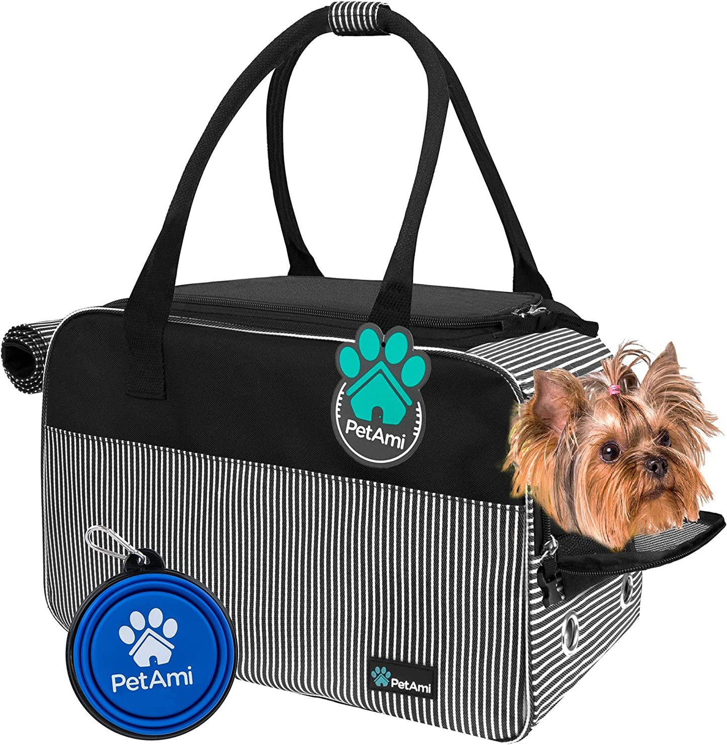 Dog Purse Carrier for Small Dogs, Airline Approved Soft Sided Pet Carrier W/Pockets, Ventilated Dog Carrying Bag Puppy Cat, Dog Travel Supplies Accessories Carry Tote, Sherpa Bed, Stripe Black