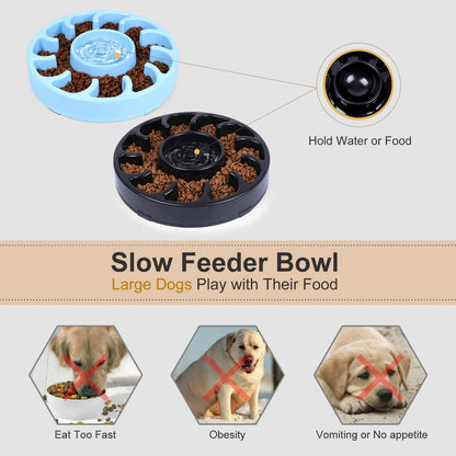 Slow Dog Bowl for Large Dogs,Anti-Gulping Dog Slow Feeder Stop Bloat,2 Pack Slow Eating Big Pet Bowl (F-Black+Blue)