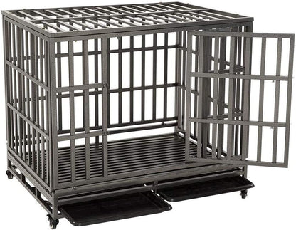 46" Heavy Duty Dog Crate Ultra-High Hardness Enhanced Steel Pet Kennel Playpen with Two Prevent Escape Lock, Large Dogs Cage with Four Wheels, Upgraded, Black