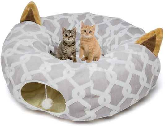 LUCKITTY Large Cat Tunnel Bed with Plush Cover,Fluffy Toy Balls, Small Cushion and Flexible Design- 10 Inch Diameter, 3 Ft Length- Great for Cats, and Small Dogs, Gray Geometric Figure